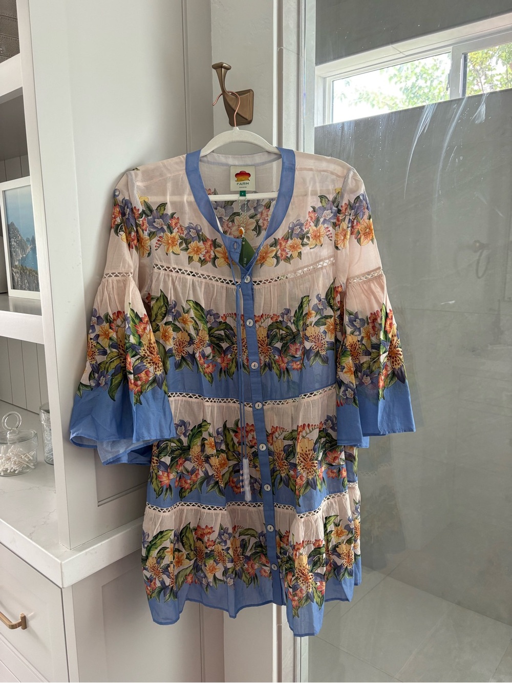 FARM Rio Blue Mixed Floral Tiered Mini Dress